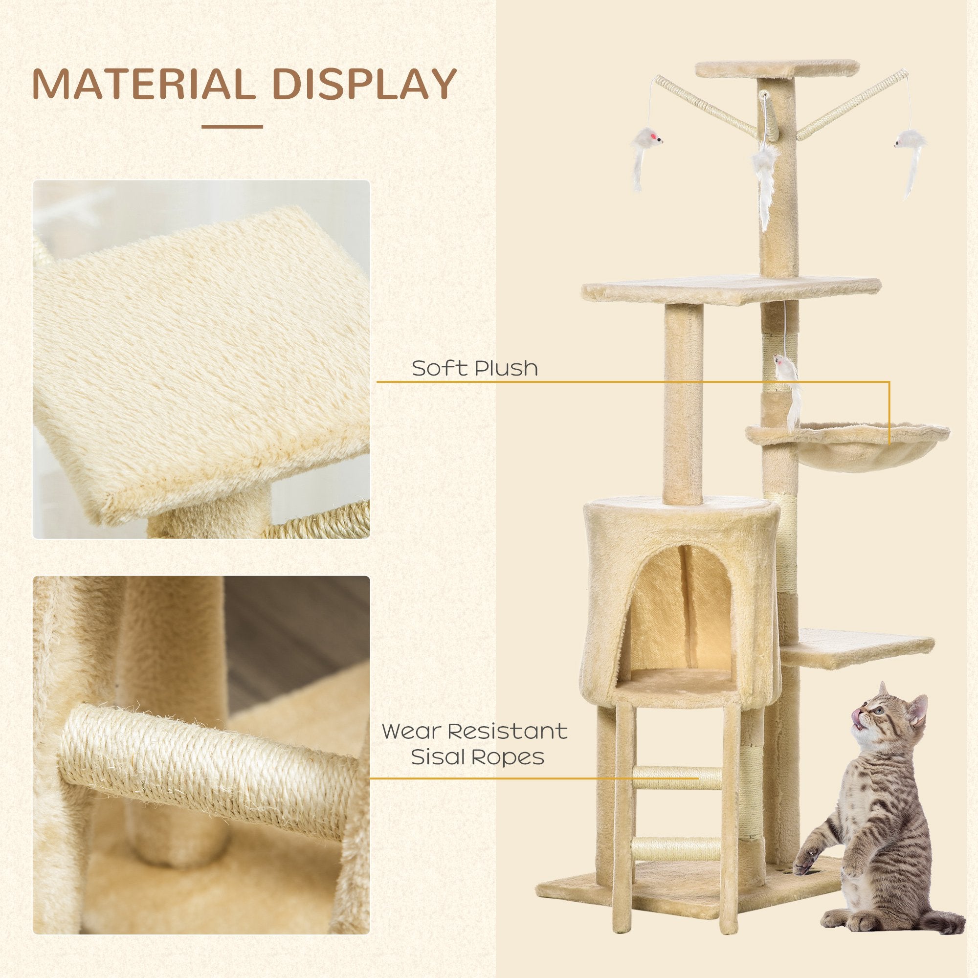 PawHut Cat Tree for Indoor Cats 135cm Kitten Tower Scratching Post Kitty Scratcher Climbing Tower with Ladder, Beige 