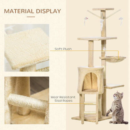 PawHut Cat Tree for Indoor Cats 135cm Kitten Tower Scratching Post Kitty Scratcher Climbing Tower with Ladder, Beige 