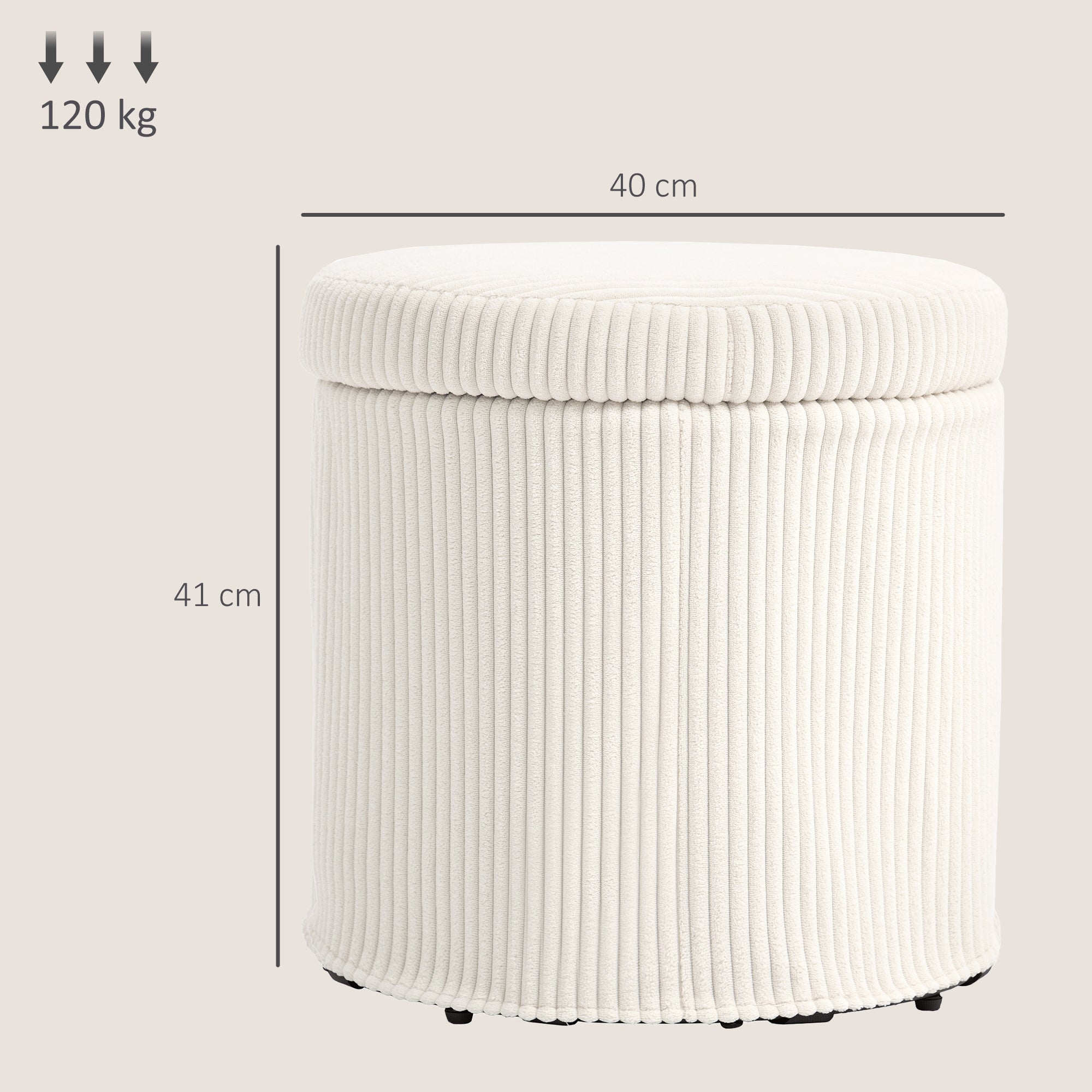 HOMCOM 40cm Round Storage Ottoman, Corduroy Footstool with Removable Lid and Legs, Vanity Stool for Living Room, Bedroom, Beige 