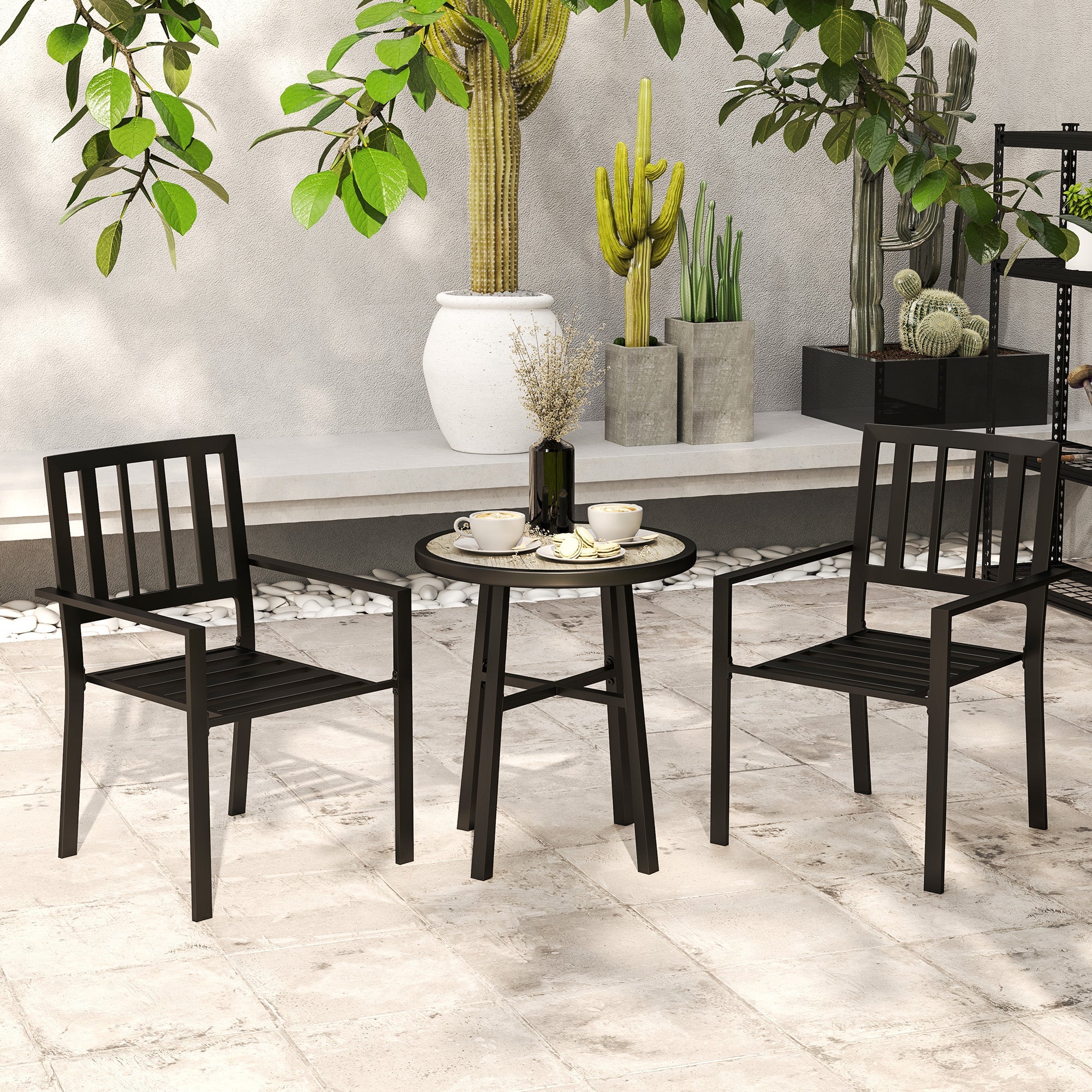 Outsunny 3 Piece Patio Bistro Set with Plastic Top, 2 Stackable Chairs, Galvanised Steel Frame, Grey 