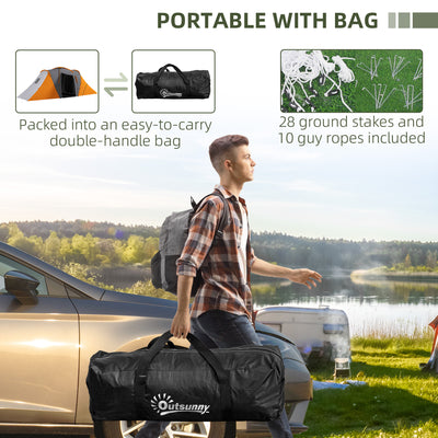 Outsunny Large Camping Tent Tunnel Tent with 2 Bedroom and Living Area, 2000mm Waterproof, Portable with Bag for 4-6 Man, Orange 