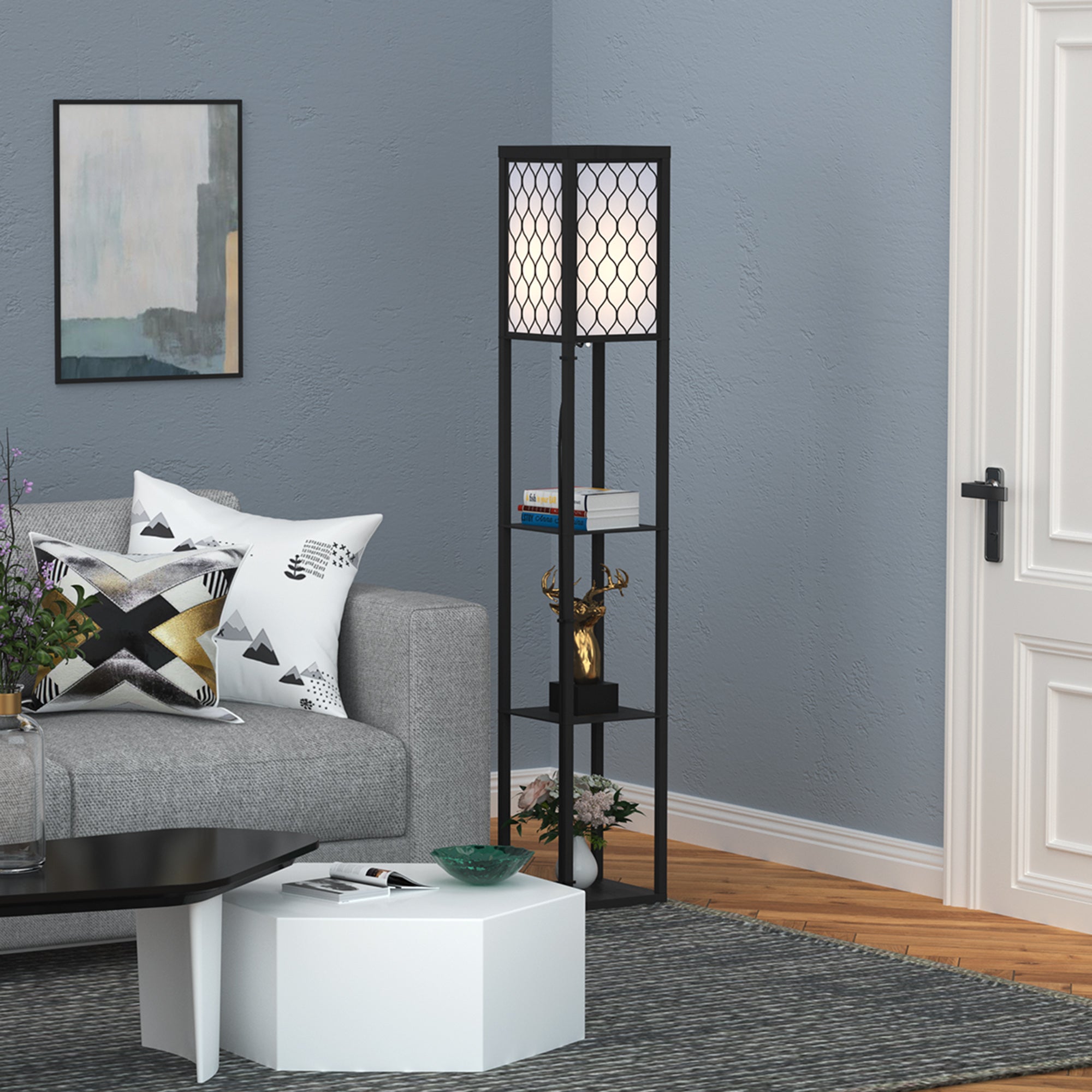HOMCOM Shelf Floor Lamp Standing Lamp W/4-tier Wooden Open Shelves,26L x 26W x 160Hcm-Black/White 