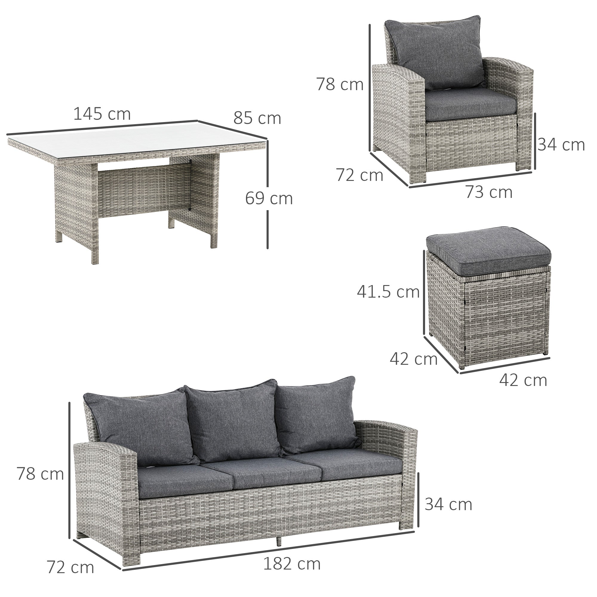 Outsunny 6 Pieces PE Rattan Garden Furniture Set with Three-seat, Armchairs and Footstools, Aluminium Patio Wicker Dining Sets w/ Glass Top Dining Table, Soft Cushion, Light Grey 