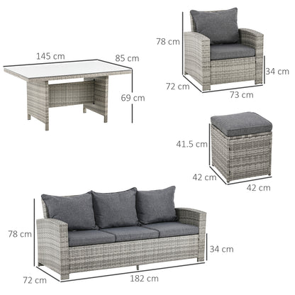 Outsunny 6 Pieces PE Rattan Garden Furniture Set with Three-seat, Armchairs and Footstools, Aluminium Patio Wicker Dining Sets w/ Glass Top Dining Table, Soft Cushion, Light Grey 