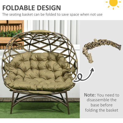 Outsunny 2 Seater Egg Chair Outdoor, Folding Weave Garden Furniture Chair with Cushion, Cup Pockets - Khaki 