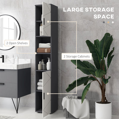 kleankin 183cm Tall Bathroom Cabinet, Narrow Bathroom Storage Cabinet with Open Shelves, 2 Doors Cabinets, Adjustable Shelves and Soft Close Mechanism, Grey 