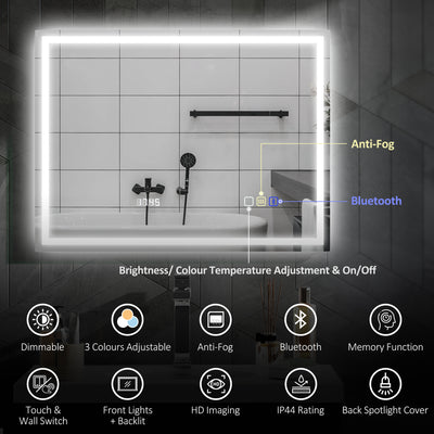 HOMCOM 60 x 80 cm Anti-Fog LED Bathroom Mirror, with Bluetooth and Clock - Silver Tone 