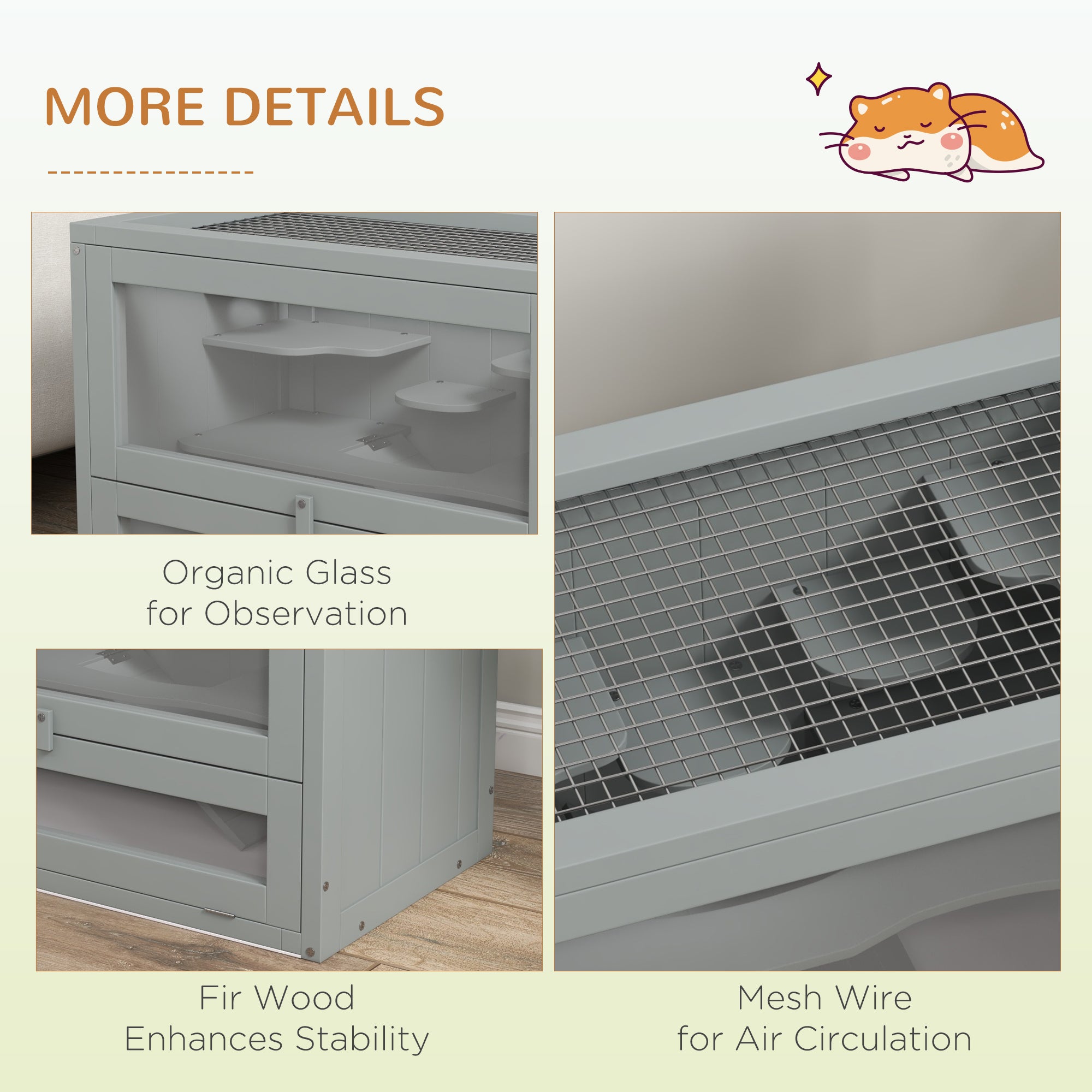 PawHut Wooden Hamster Cage Mouse Mice Rodent Small Animals Hutch Exercise Play House 60 x 35 x 42cm, Grey 