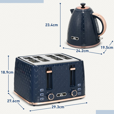 HOMCOM Kettle and Toaster Set, 1.7L 3000W Fast Boil Jug Kettle with Auto Shut Off, 4 Slice Toaster with 7 Level Browning Controls & Crumb Tray, Blue 