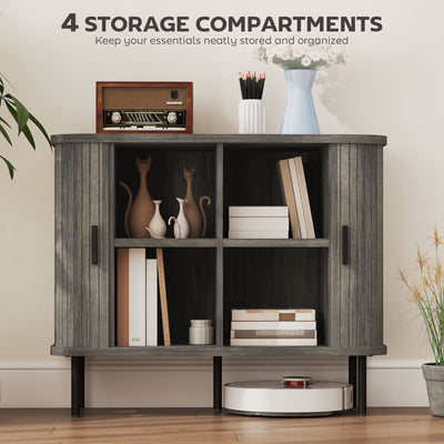 HOMCOM Mid-Century Modern Sideboard Storage Cabinet with Slatted Tambour Sliding Doors, Kitchen Cabinet with Steel Legs, Grey 