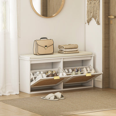 HOMCOM Boho Shoe Bench with Padded Seat and 2 Flip-Drawers - White 