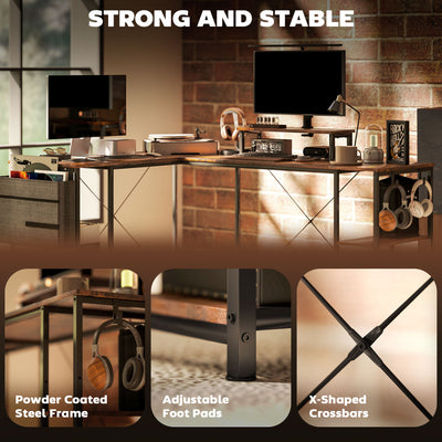 HOMCOM 168cm Reversible L Shaped Desk, Industrial Corner Computer Desk with Adjustable Shelf and Storage Bag, 240cm 2 Person Desk with Monitor Stand, Rustic Brown 
