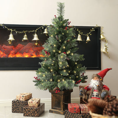 HOMCOM 1.2m/4ft Artificial Christmas Tree with 100 Warm White LED Lights and 8 Modes, Small Xmas Tree with Red Berries, Pine Cones and Retro Base, Green 