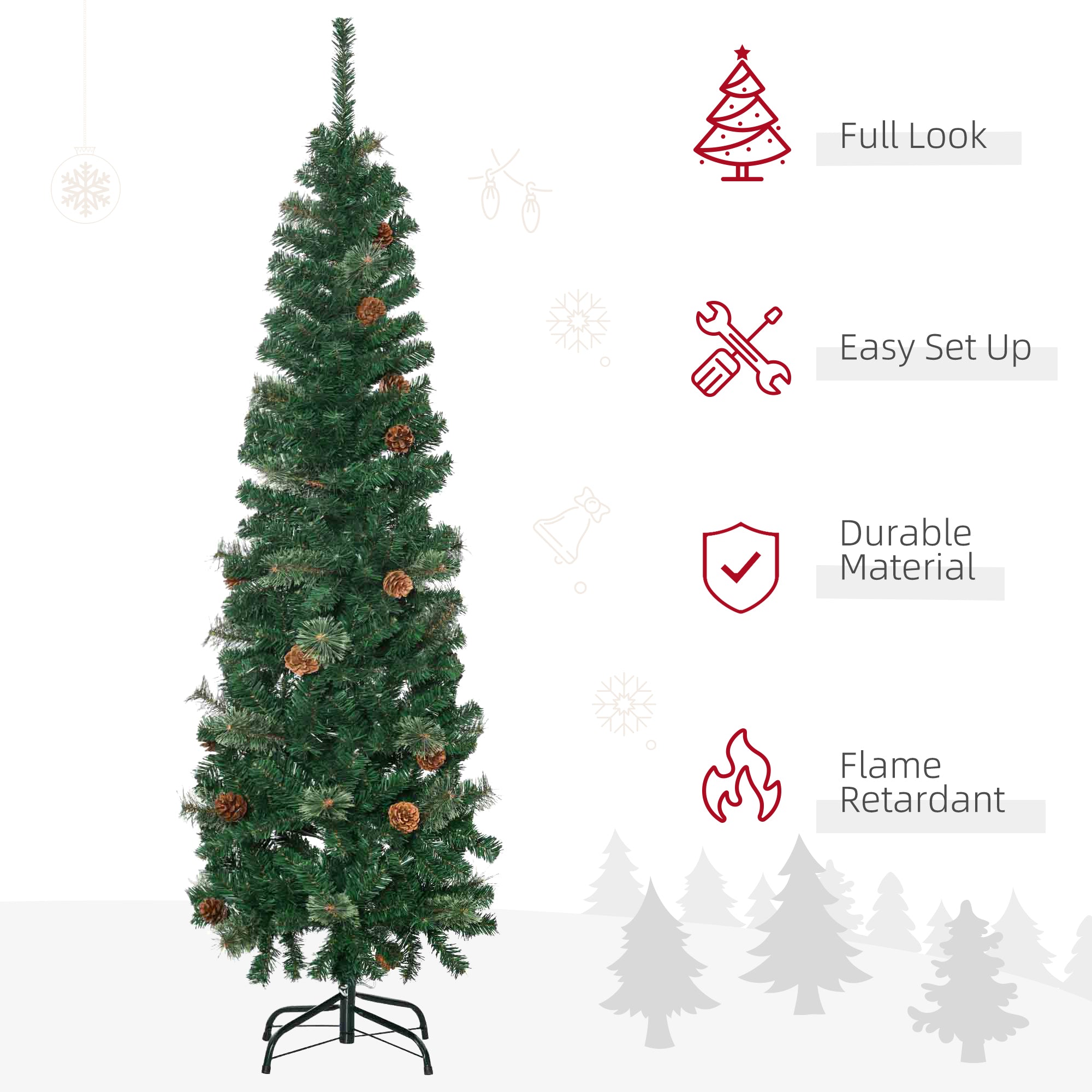 HOMCOM 5.5FT Tall\'c2\'a0Pencil Slim Artificial Christmas Tree with\'c2\'a0Realistic\'c2\'a0Branches, Tip Count and Pine Cones, Pine Needles Tree, Xmas\'c2\'a0Decoration, Green