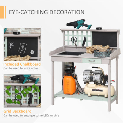 HOMCOM Garden Potting Table with Sink, Blackboard and Drawer, Wooden Planting Work Bench Workstation Outdoor Tool Storage Shelves 