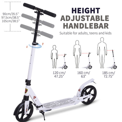 HOMCOM Folding Kick Scooter, Adjustable Ride On Scooter with 200mm Big Wheels and Double Shock Absorption, Urban Scooter for 14+ Teens Adult- White 