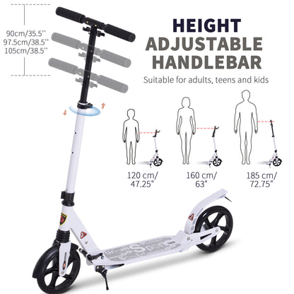 HOMCOM Folding Kick Scooter, Adjustable Ride On Scooter with 200mm Big Wheels and Double Shock Absorption, Urban Scooter for 14+ Teens Adult- White 