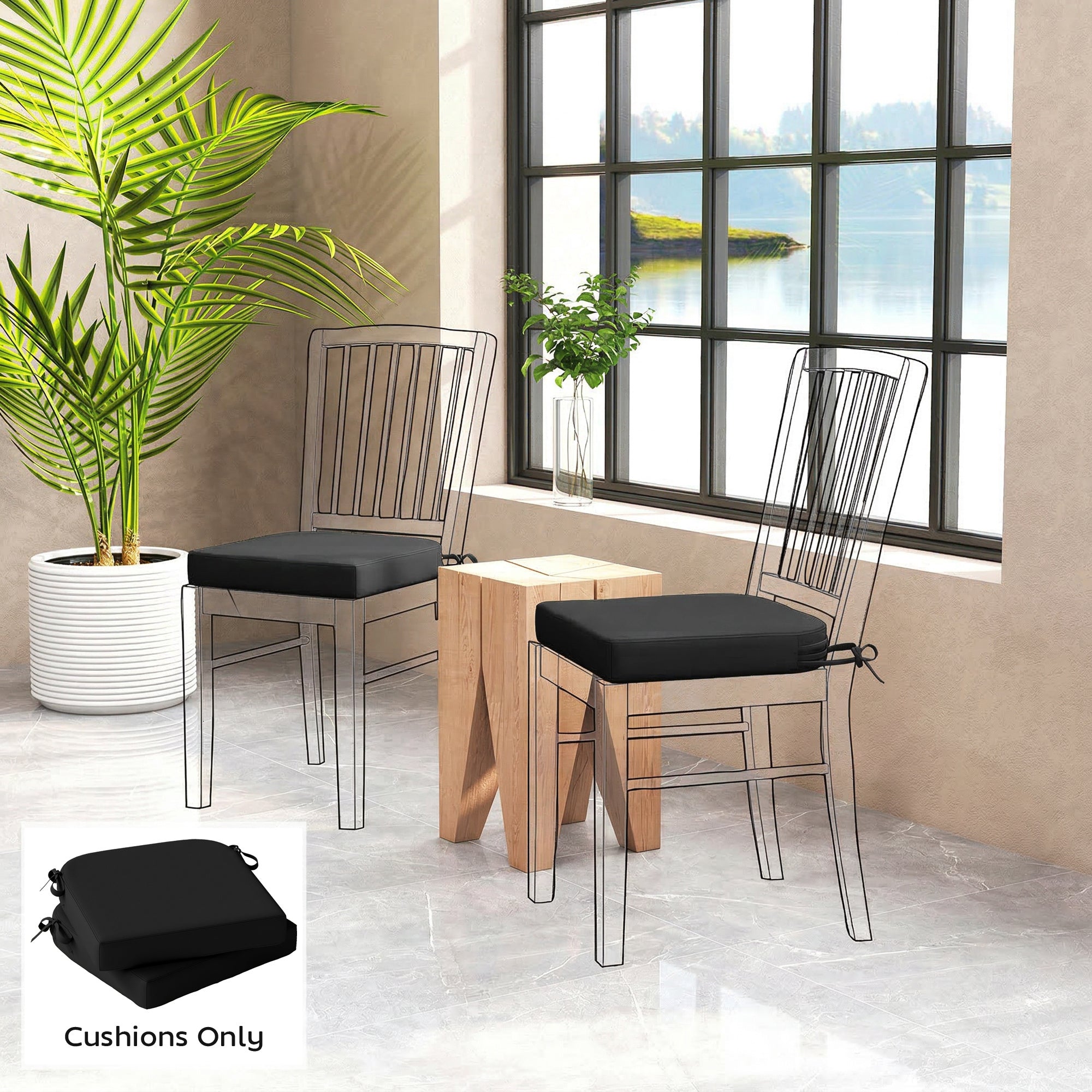 Outsunny Outdoor Chair Seat Cushions Set of 2, Garden Chair Cushions with 7cm Thick Foam & Ties, Black 