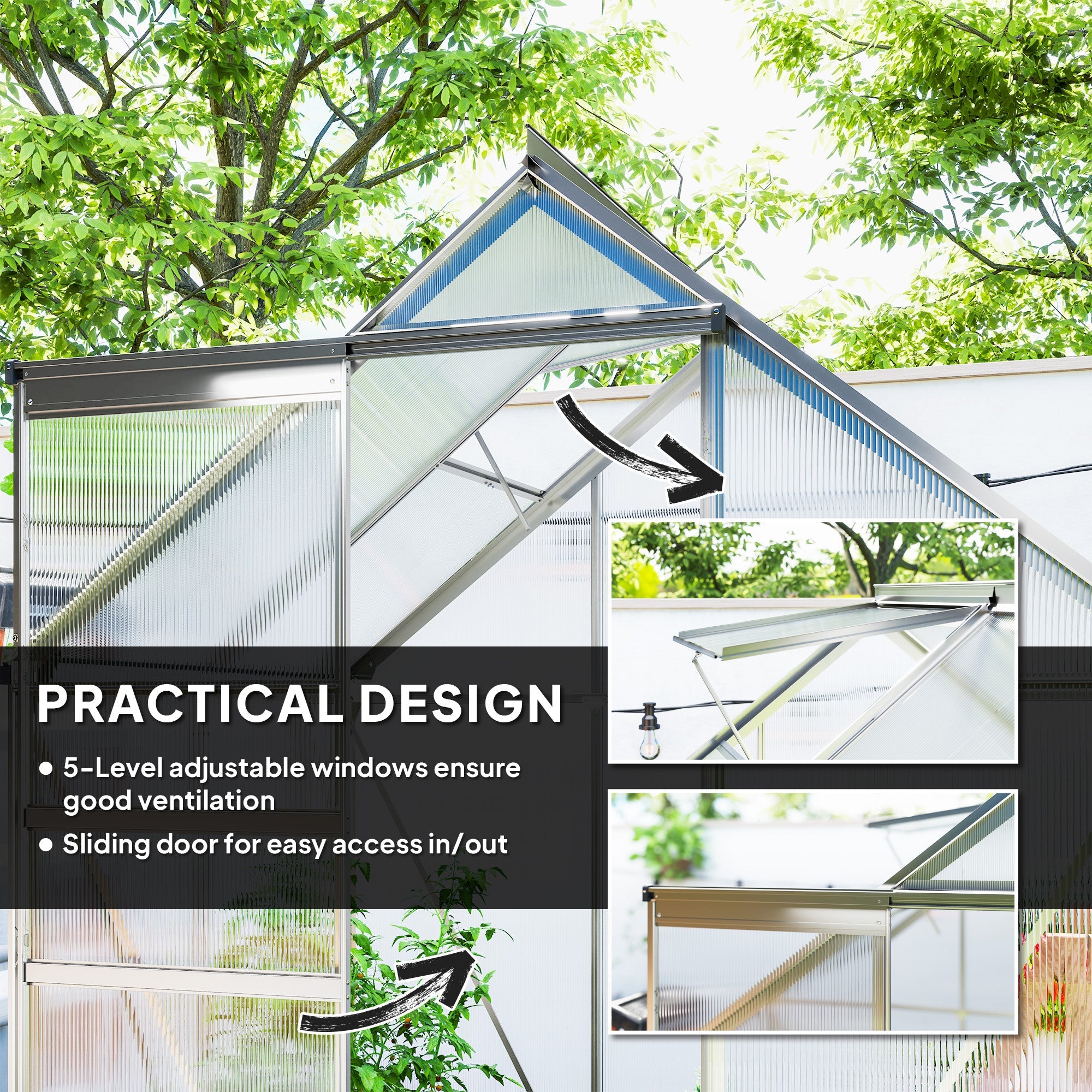 Outsunny 192.5 x 131cm Walk-In Polycarbonate Greenhouse - Silver-Tone 