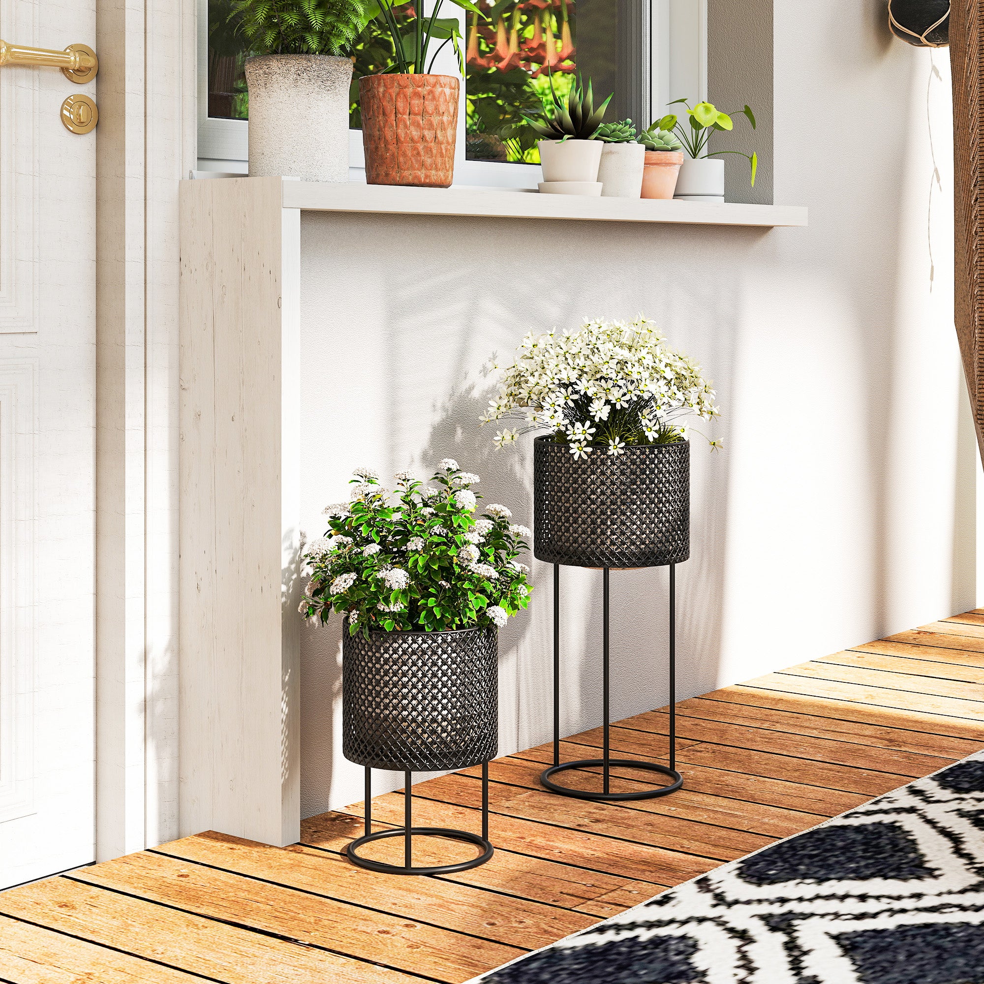 Outsunny Metal Plant Pots Set of 2 with Hollow Design Flower Planters for Garden Balcony Black 