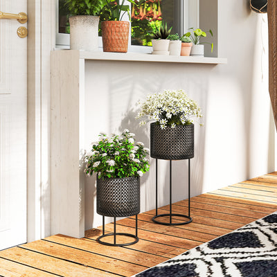 Outsunny Metal Plant Pots Set of 2 with Hollow Design Flower Planters for Garden Balcony Black 