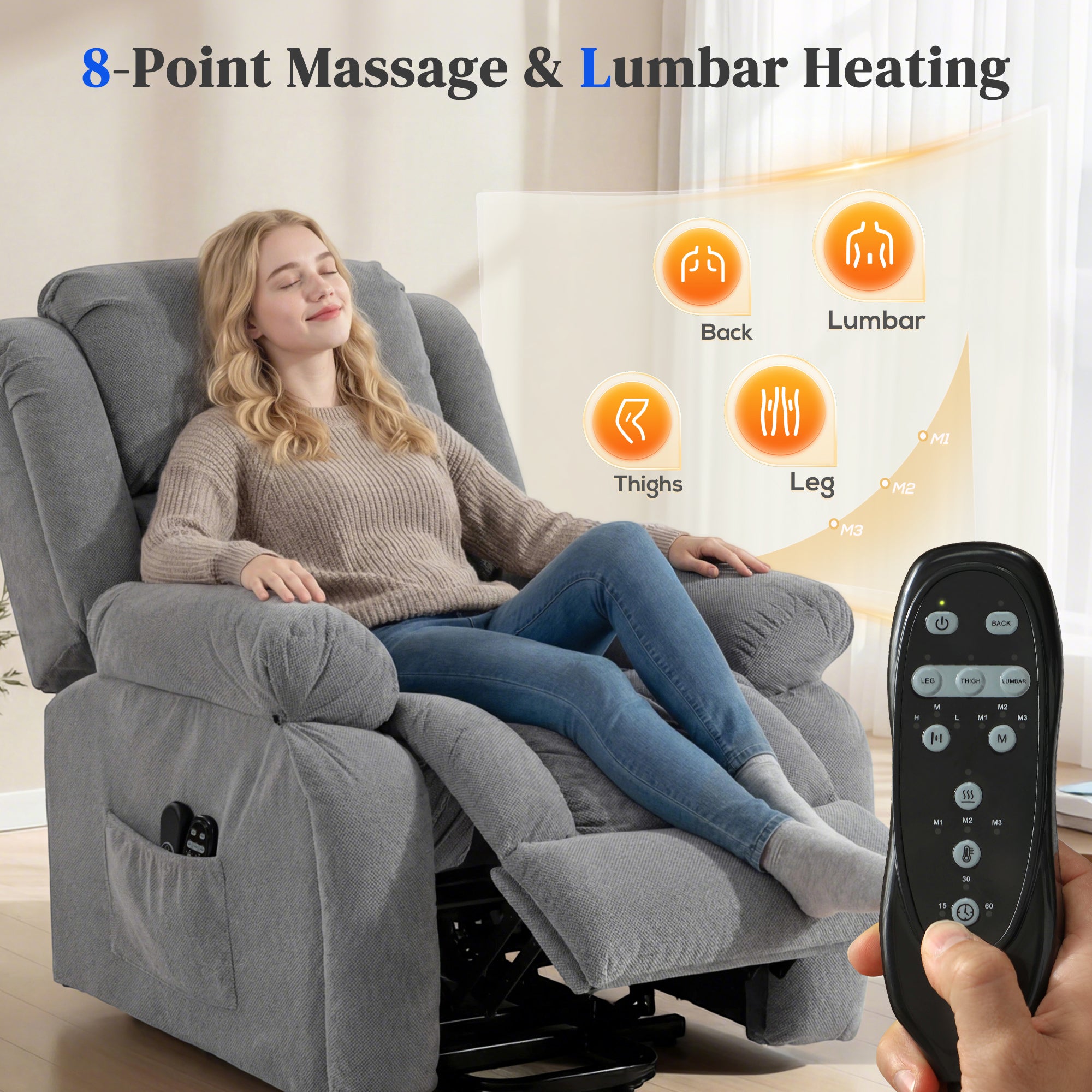 HOMCOM Recliner Armchair Lift Chair, Electric Recliner Chair with Vibration Massage and Heat, Wide Seat, USB Port, Light Grey 
