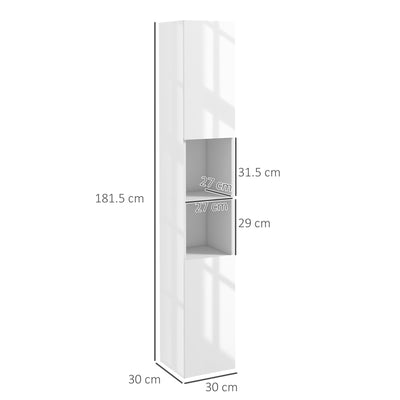 kleankin Freestanding Bathroom Cabinet, High Gloss Storage Cabinet with Doors and Adjustable Shelves, 30 x 30 x 181.5 cm, White 