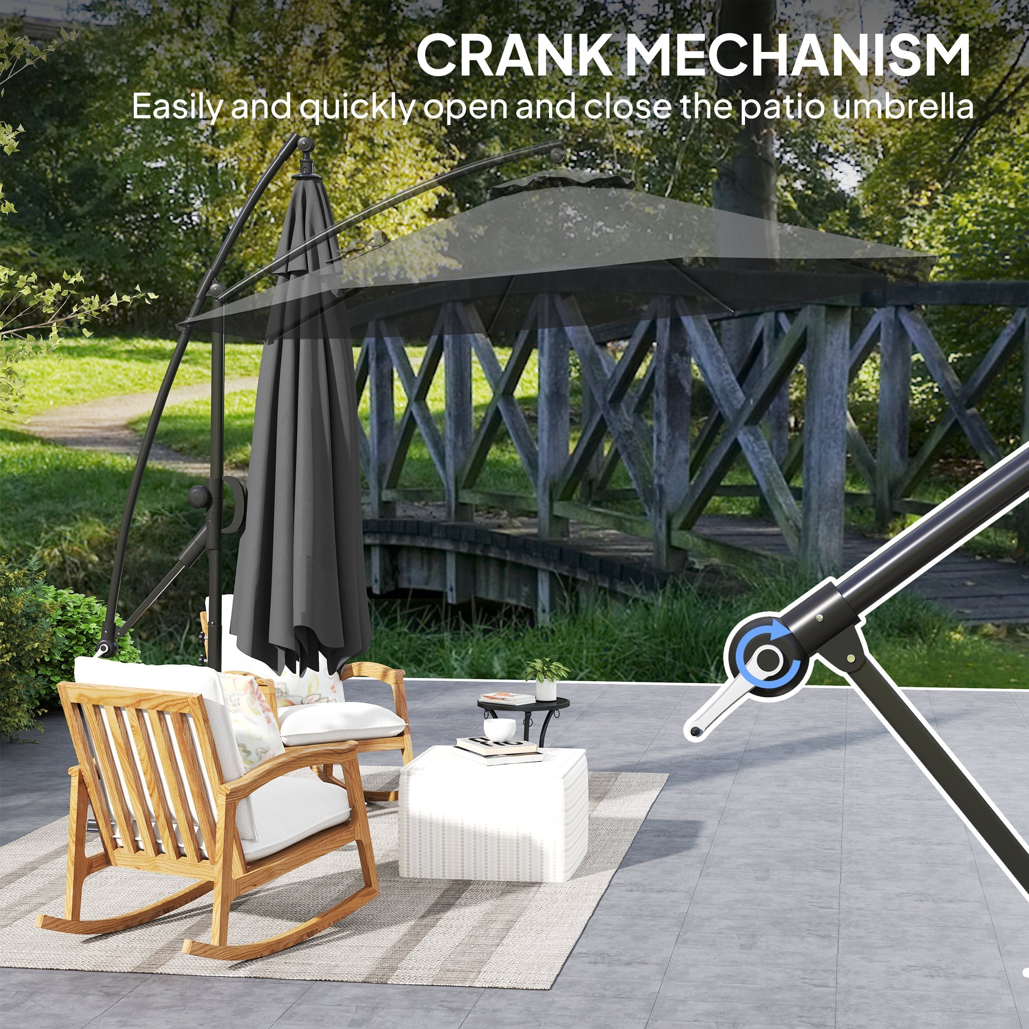 Outsunny 3(m) Garden Cantilever Parasol with Cover and Wind Protection Strap, Round Overhanging Umbrella with Crank Handle and Tilt, Banana Patio Umbrella for Outdoor Sun Shade, UPF50+, Grey 