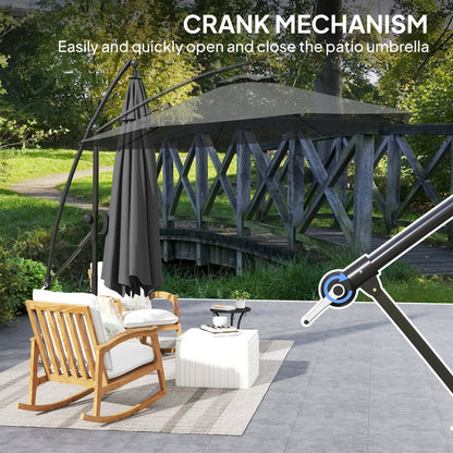 Outsunny 3(m) Garden Cantilever Parasol with Cover and Wind Protection Strap, Round Overhanging Umbrella with Crank Handle and Tilt, Banana Patio Umbrella for Outdoor Sun Shade, UPF50+, Grey 