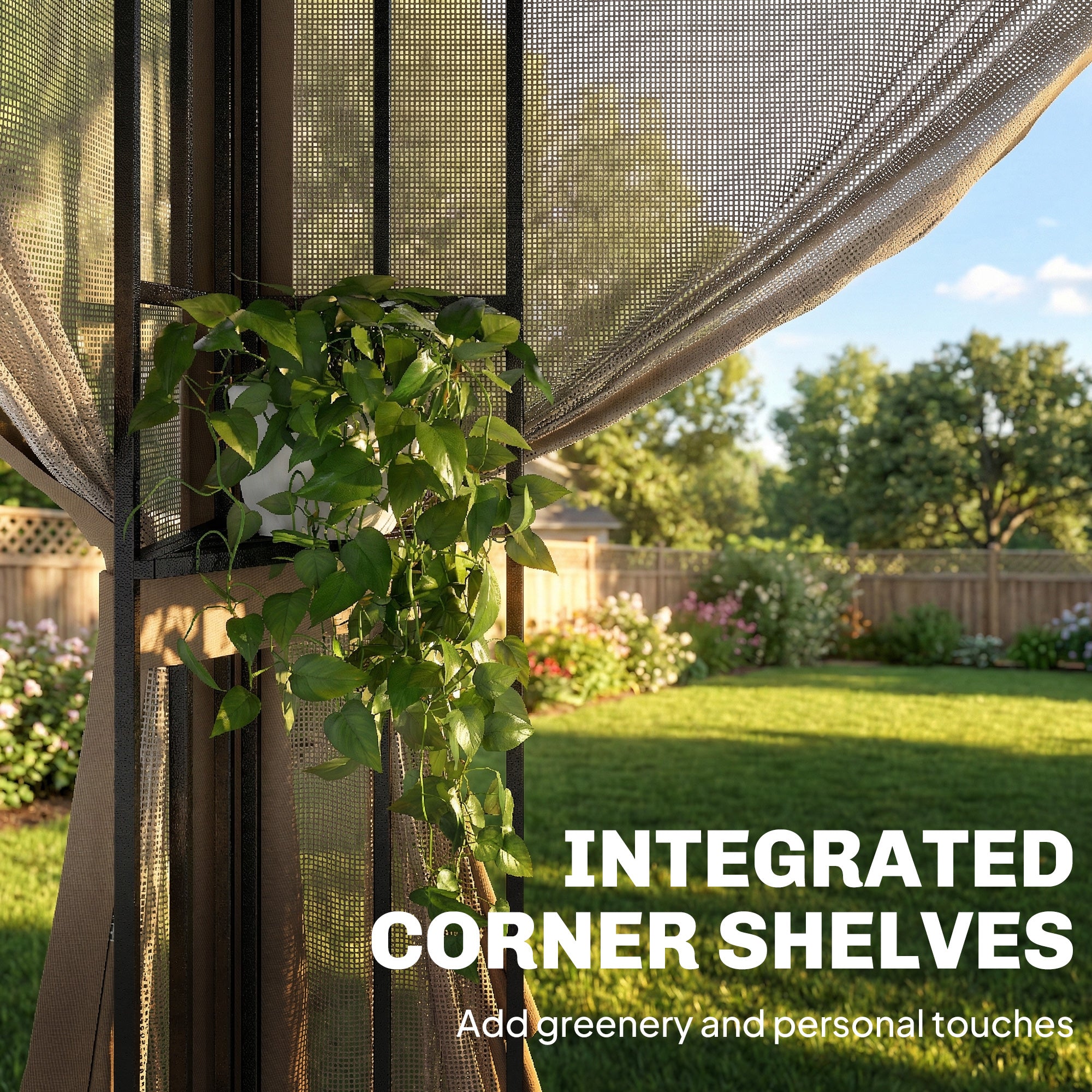 Outsunny 3 x 3.6 m Outdoor Garden Gazebo with Post Shelves, UPF50+ Patio Permanent Pavilion with Hook, Khaki 