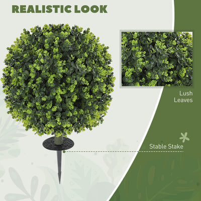 HOMCOM Set of 2 40 cm Artificial Boxwood Topiary Ball Bush with Integrated Ground Stake, Indoor Outdoor UV Resistant Faux Greenery, Faux Plants for Garden, Porch, Balcony 