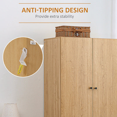 HOMCOM Wardrobe with 2 Doors, 2 Drawers, Hanging Rail for Bedroom Clothes Storage Organiser, 80x52x180cm, Natural Tone 