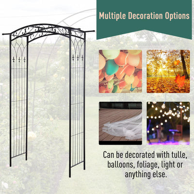 Outsunny Garden Decorative Metal Arch with Gate Outdoor Patio Trellis Arbor for Climbing Plant Archway Antique Black - 108L x 45W x 215Hcm 