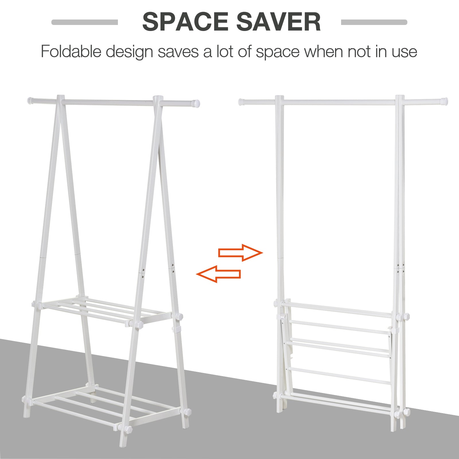 HOMCOM Minimalist Foldable Adjustable Clothes Rack Hanger w/ 2 shelves 107.5L x 45W x 150H cm Hallway Entryway Furniture - White 