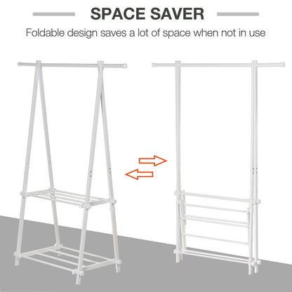 HOMCOM Minimalist Foldable Adjustable Clothes Rack Hanger w/ 2 shelves 107.5L x 45W x 150H cm Hallway Entryway Furniture - White 
