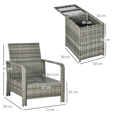 Outsunny 3 Pieces Rattan Bistro Set, Wicker Garden Furniture Set with Storage  Coffee Table and Chairs, Thickened Cushions for Outdoor, Patio, Balcony, Blue 