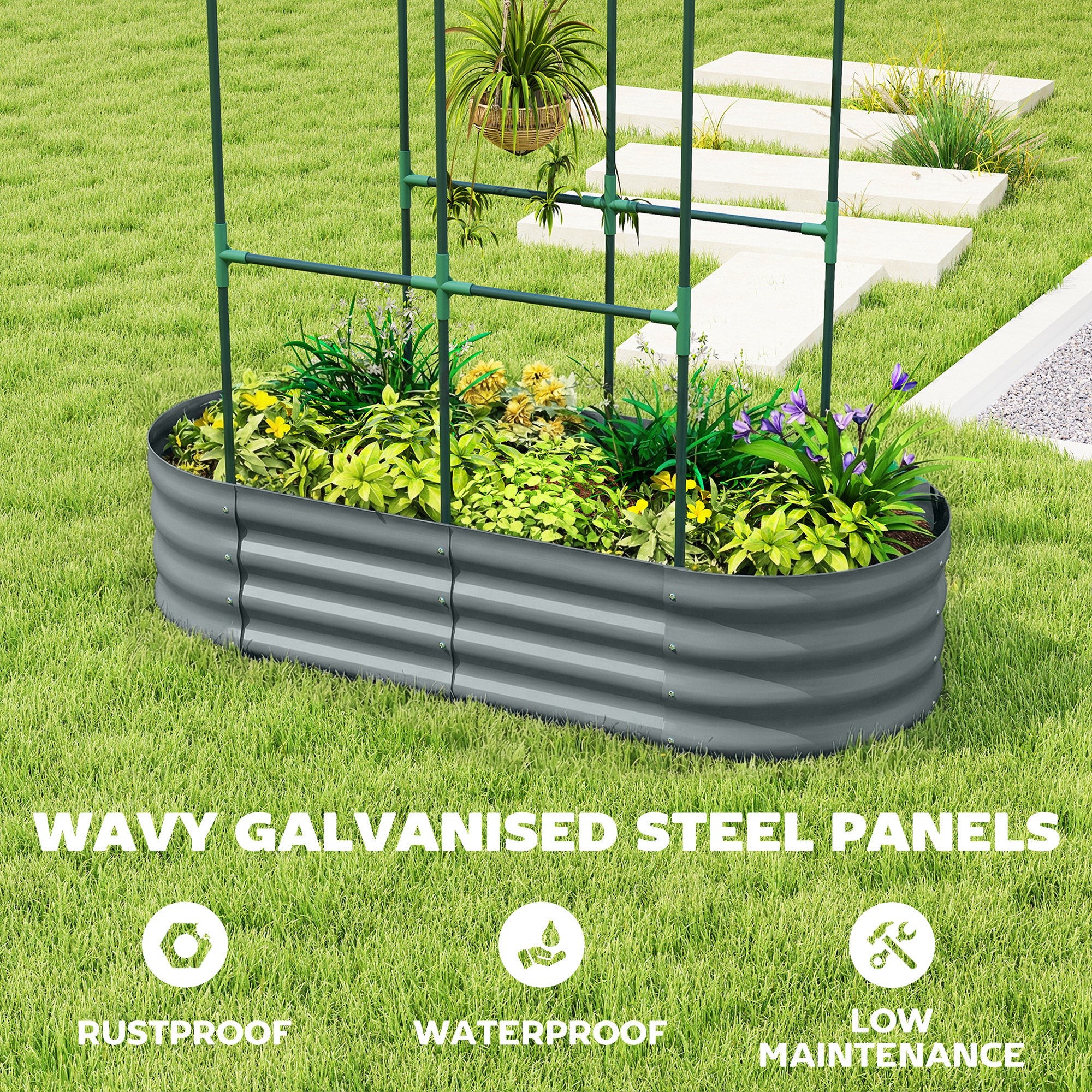 Outsunny Galvanised Raised Garden Bed with Arched Trellis, 4 x 2 x 4.6ft Metal Raised Bed for Garden with Open Bottom, Dark Grey 