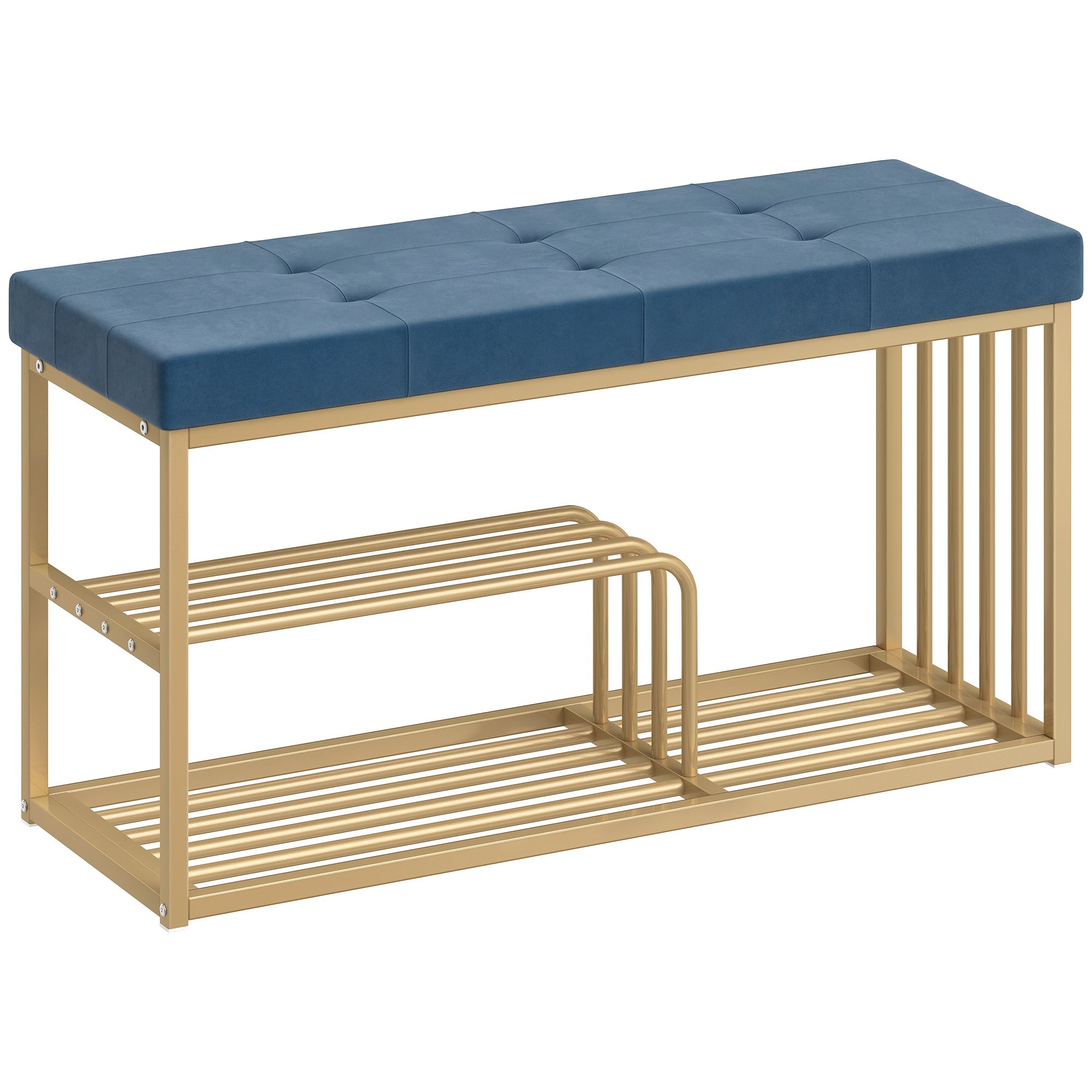 HOMCOM Bench and Shoe Storage, Tufted Shoe Storage Bench with Velvet Seat Cushion Gold Steel Frame for Entryway, Dark Blue 