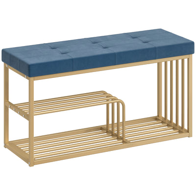 HOMCOM Bench and Shoe Storage, Tufted Shoe Storage Bench with Velvet Seat Cushion Gold Steel Frame for Entryway, Dark Blue 