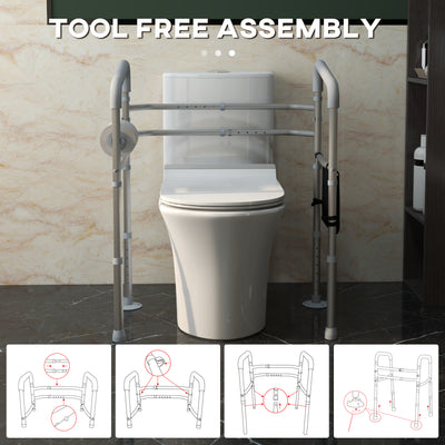 HOMCOM Free Standing Toilet Frame, Height and Width Adjustable Toilet Safety Frame with Arms, 2 Additional Suction Cups, Storage for Elderly, Disabled, Handrail Grab Bar, 136kg Weight Capacity 