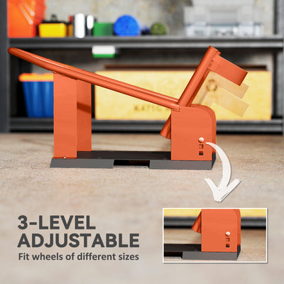 HOMCOM Motorcycle Wheel Chock, 816.5 kg Capacity Heavy Duty Steel Motorcycle Front Wheel Chock Holder with 3 Height Adjustable Holes, Fits 381-533.4 mm Wheels, Orange 