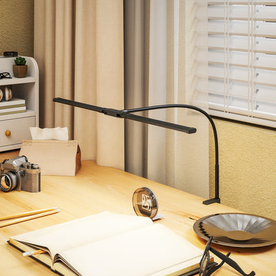 HOMCOM LED Desk Lamp with Clamp, Double Head Table Lamp with 3 Colour Modes & 10 Brightness Levels, Flexible Gooseneck Reading Desk Light with Timer and Memory Function for Study, Office, Work, Black 