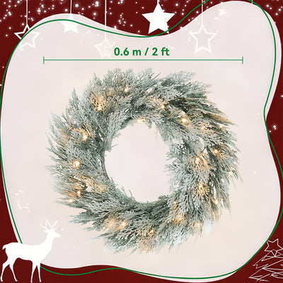HOMCOM 60cm/ 24inch Flocked Prelit Christmas Wreath 
