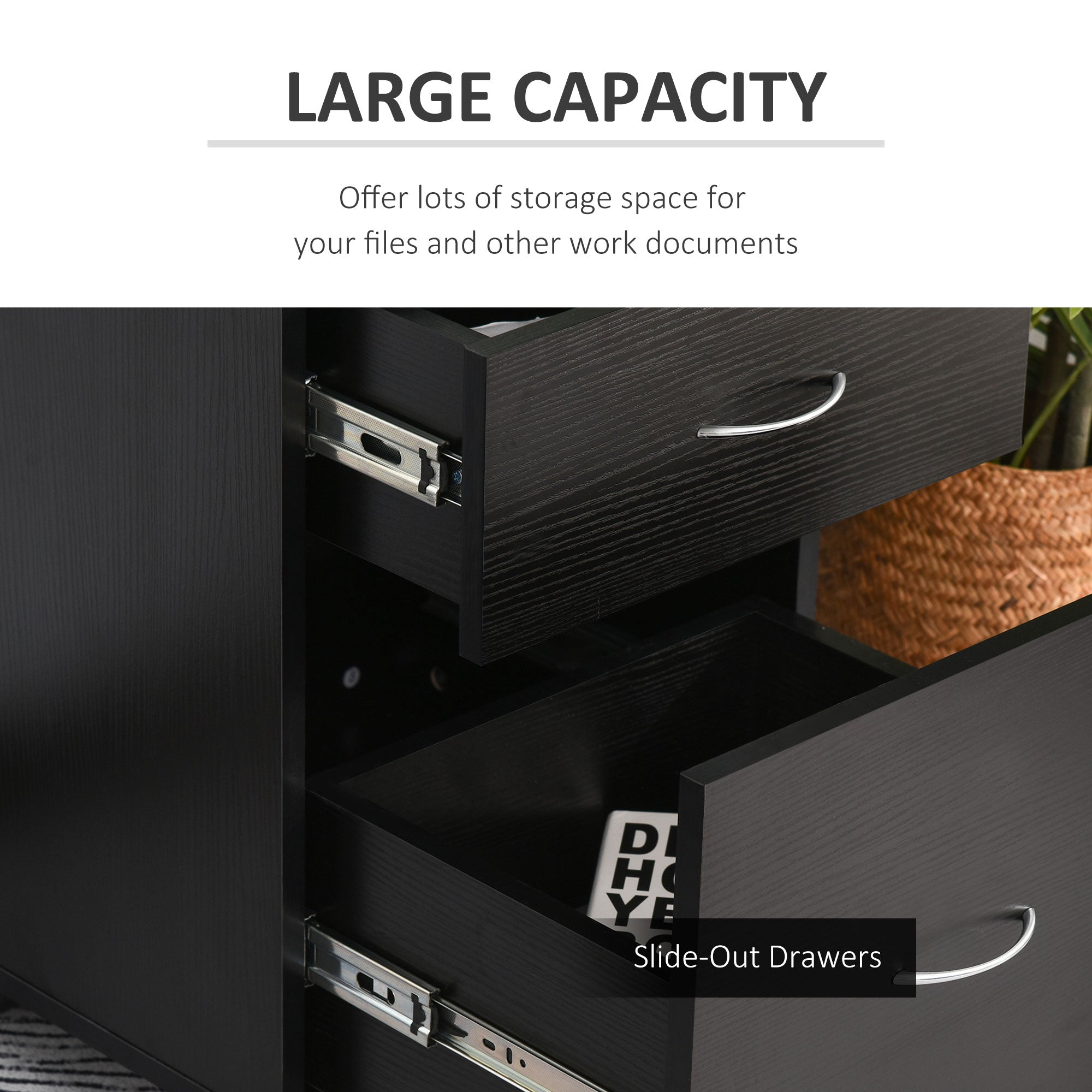 HOMCOM Two Drawer Filing Cabinet with Wheels- Black Wood Grain 