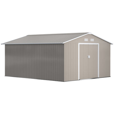 Outsunny 13 x 11ft Garden Metal Storage Shed Outdoor Storage Shed with Foundation Kit Ventilation & Doors, Light Grey 