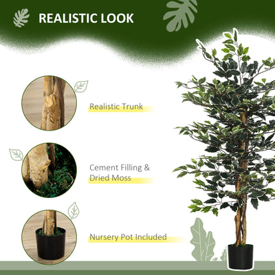 HOMCOM Artificial Ficus Tree in Pot, 130cm Tall Fake Plant with Lifelike Leaves and Natural Trunks, for Indoor Outdoor, Green 