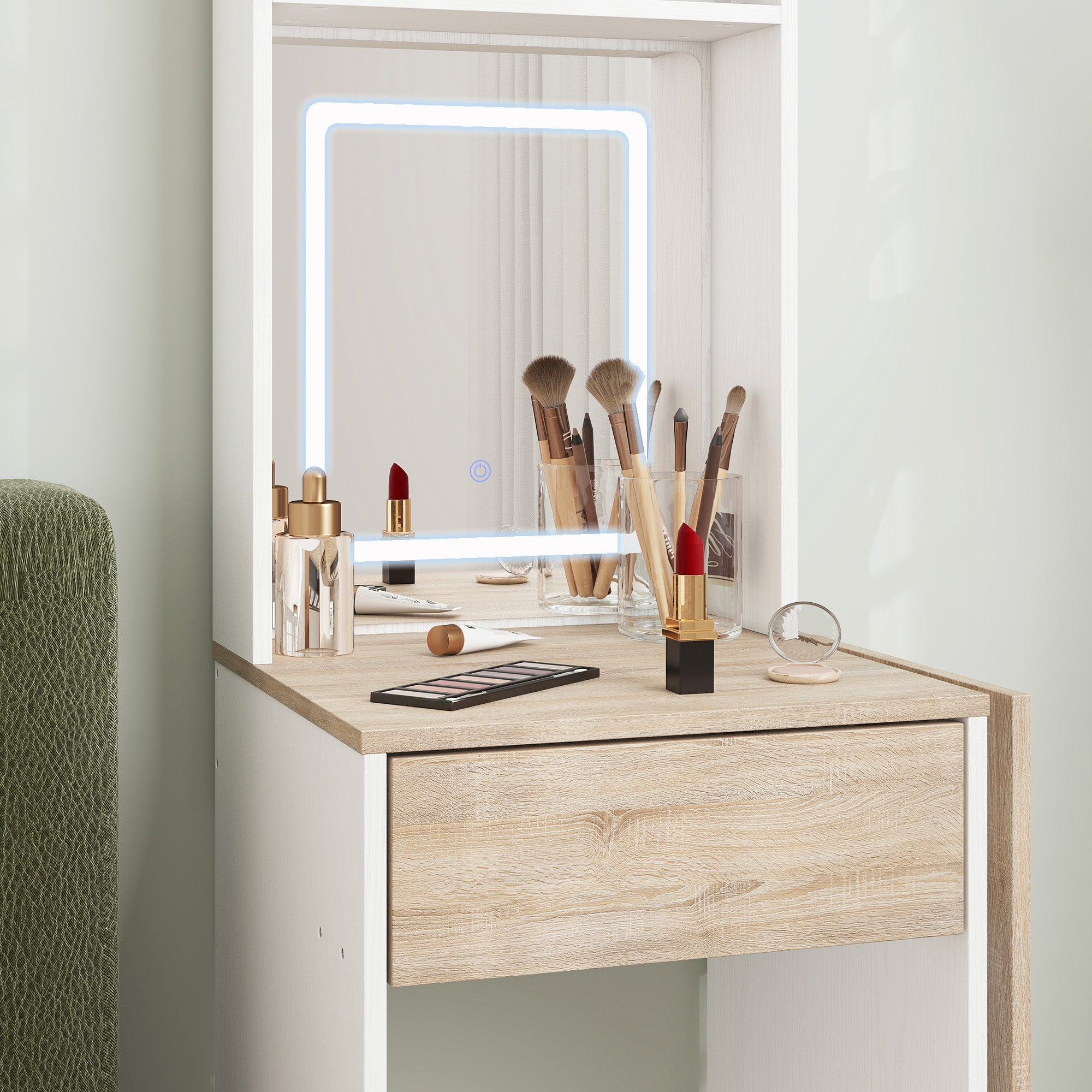 HOMCOM Small Vanity Desk with Mirror and LED Lights, Compact Dressing Table with Drop Leaf, Open Shelves and Drawer, White 