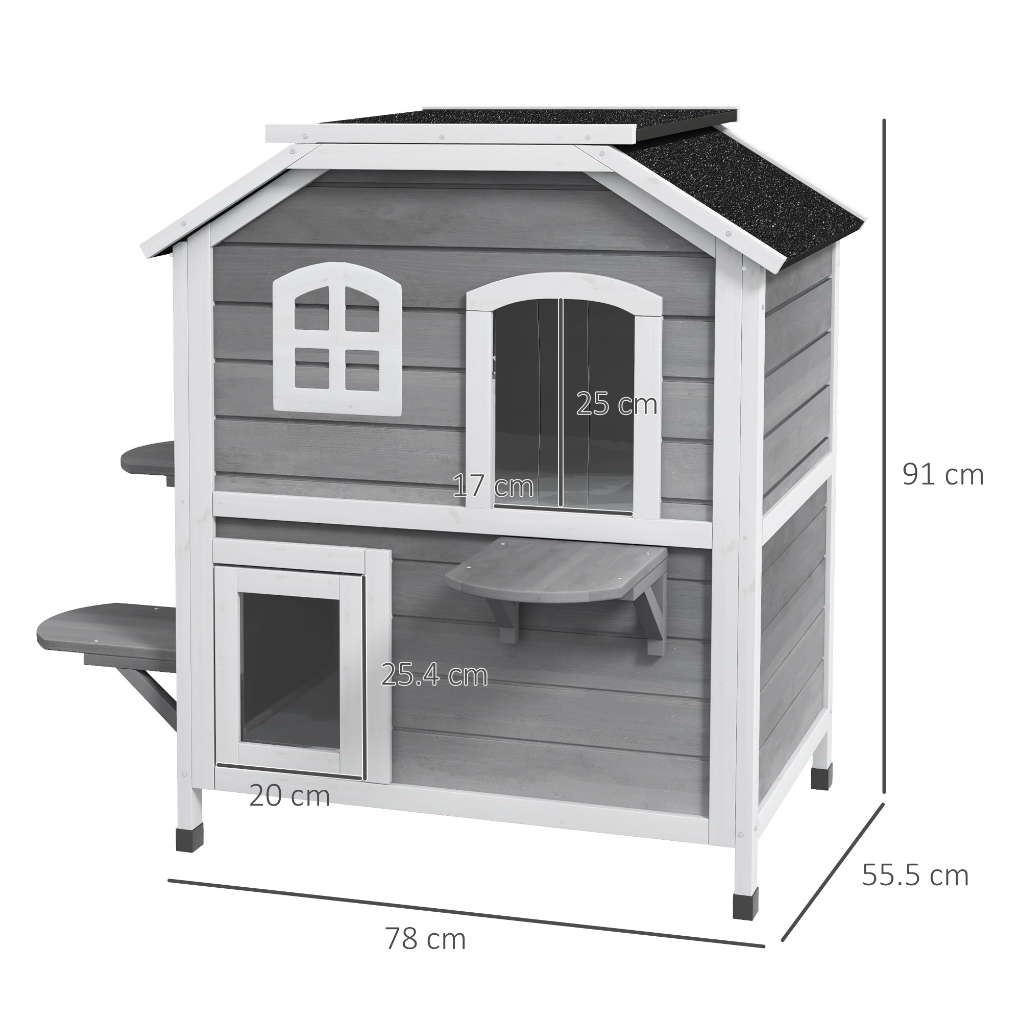 PawHut 2-story Cat House Outdoor, Weatherproof Wooden Cat Enclosure for Feral Cats with Escape Door, Openable Roof, Jumping Platforms, Grey 