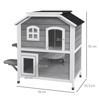 PawHut 2-story Cat House Outdoor, Weatherproof Wooden Cat Enclosure for Feral Cats with Escape Door, Openable Roof, Jumping Platforms, Grey 