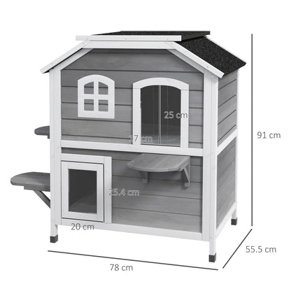 PawHut 2-story Cat House Outdoor, Weatherproof Wooden Cat Enclosure for Feral Cats with Escape Door, Openable Roof, Jumping Platforms, Grey 